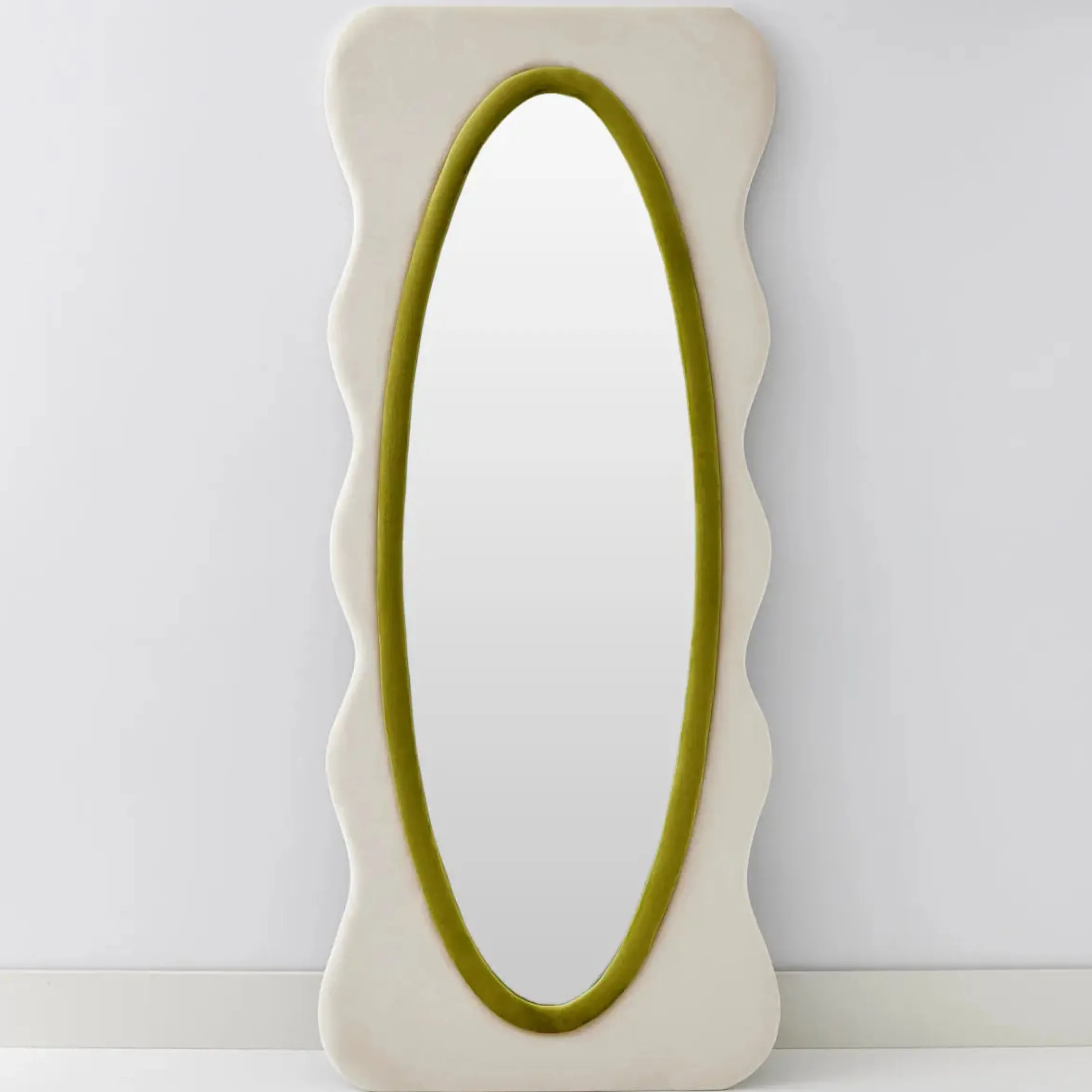 GigiandTom Squiggle Wavy Velvet Mirror Cream/Green| Furniture, Mirrors & Lighting